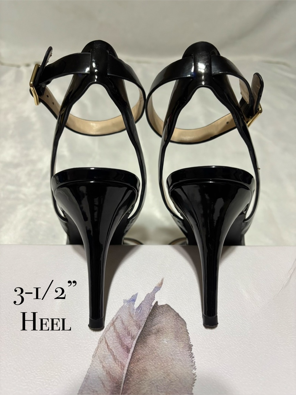 JESSICA SIMPSON black patent sandal 3-1/2”heel ankle strap with scalloped trim - Picture 5 of 12